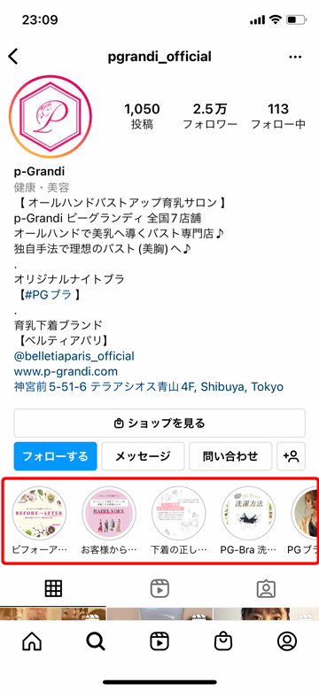 PGブラのインスタグラム公式アカウント画面