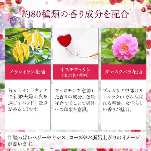 リビドーベリーロゼの約80種類の香り成分（代表的なイランイラン花油・オスモフェリンなど）の説明