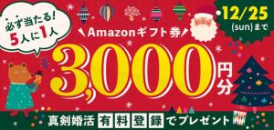 Amazonギフトカード3,000円分が当たるブライダルネットのクリスマス限定キャンペーン紹介画像