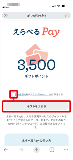 えらべるPayの規約への同意とギフトをえらぶボタン画面